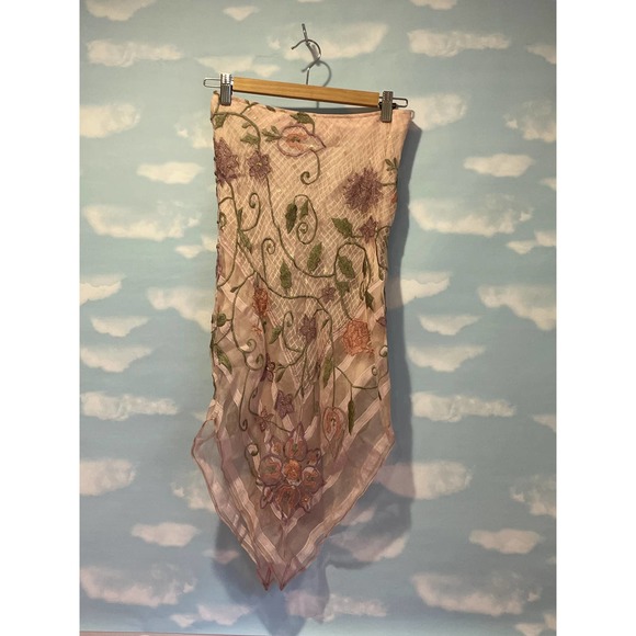 Handmade Dresses & Skirts - Handkerchief skirt pink floral embroidered beaded Y2K 2000s asymmetric hem XS